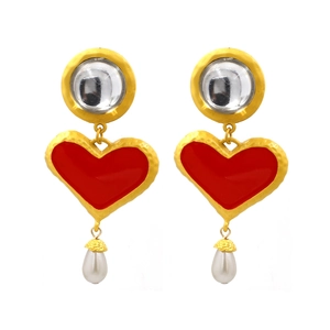 Exaggerated red heart drop earrings with white pearls and hammered gold texture details