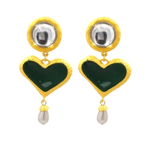 Vintage heart earrings with green enamel and pearl droplets in gold-plated metal