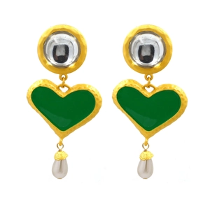 Detail of vintage gold earrings with green heart pendant and white teardrop pearl drop