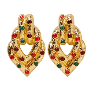 Byzantine Vintage Alloy Earrings With Red Green Imitation Gemstones Twisted Woven Texture Gold Plated Retro For Women