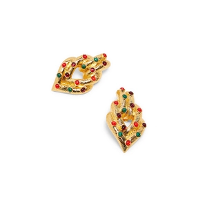 Vintage style gold earrings with brushed metal texture and colorful gemstones