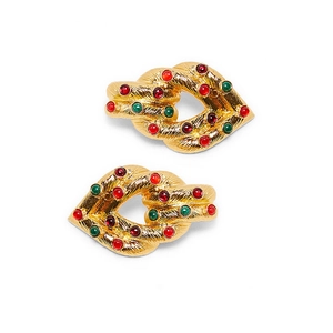 Vintage gold hoop earrings with red and green rhinestones in woven texture design