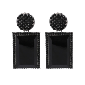 Vintage style double-layered geometric black crystal drop earrings with pave diamond edges