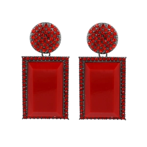 Red geometric drop earrings with sparkling rhinestones and rectangular crystals