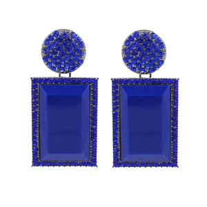 Navy blue geometric earrings with sparkling rhinestones and acrylic drop in dark finish
