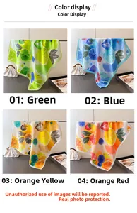 Detail view of colorful lemon and berry print silk scarves in four fresh color options