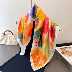 Women Fashion Fruit Print Imitation Satin Square Scarf Colorful Lemon Strawberry Pattern Summer Neck Head Bandana Shawl