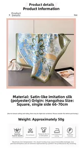 Detailed macro view of the vintage floral silk satin scarf with olive green edges