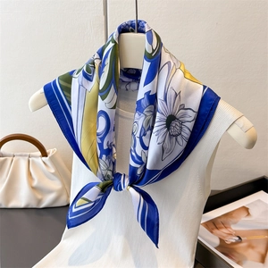 Elegant floral print satin silk scarf with yellow daisies and blue striped border details