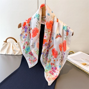Butterfly Floral Print Square Scarf Elegant Imitation Satin Satin Headscarf Versatile Neck Shawl For Women
