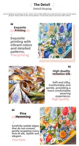 Detailed view of vibrant citrus and floral prints on silky polyester square scarf