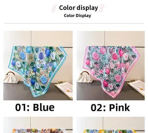 Detail of vibrant lemon and floral print silk scarves in light blue and soft pink colors