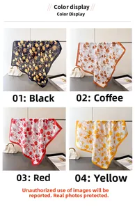 Detail view of four elegant satin floral square scarves in black, brown, red and yellow