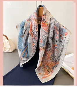 Detailed view of elegant silk scarf featuring classic carriage and floral printed patterns