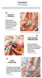 Detailed view of high-precision artistic print and delicate hem on silk-like scarf
