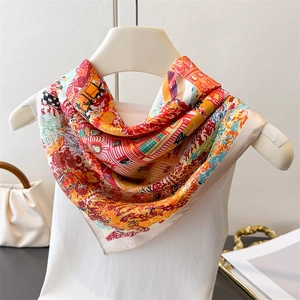 Elegant silk-like square scarf with vibrant urban architecture print and beige borders