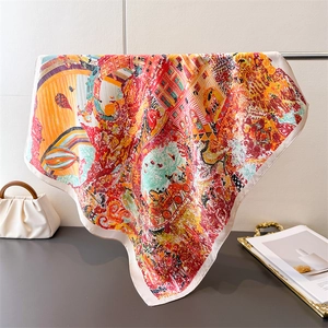Elegant silk-like square scarf with artistic hot air balloon and architecture prints