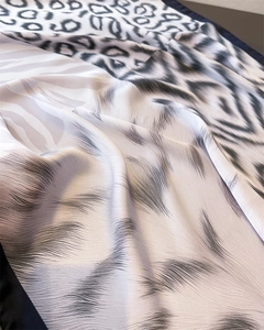 Detail view of animal print silk scarf featuring leopard and zebra pattern patchwork