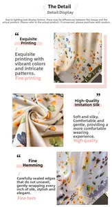 Detailed view of floral print faux silk scarf showing fine fabric texture and edge stitching