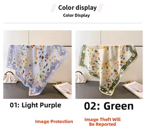 Floral print square silk scarves in lavender and green options shown with white handbag