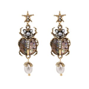 Vintage Beetle Drop Earrings With Imitation Artificial Pearl Abalone Shell Rhinestone Star Long Dangle Jewelry For Women