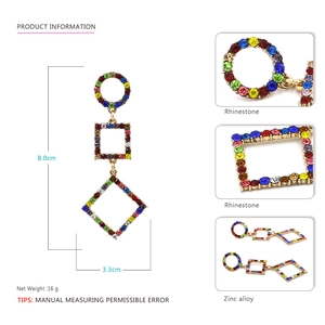 Long geometric multi-color rhinestone drop earrings in zinc alloy, 8.0cm length
