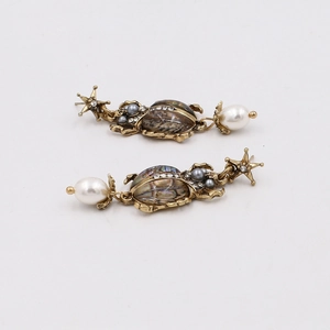 Vintage gold beetle earrings with abalone shell, sparkling rhinestones and drop pearls