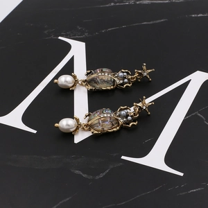 Vintage beetle drop earrings with abalone shell, sparkling crystals and teardrop pearls