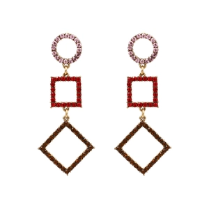 Elegant long geometric earrings featuring colorful rhinestones in pink, red, and amber