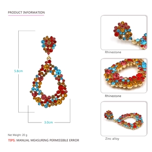Boucles d'oreilles pendantes en strass colorés, alliage de zinc doré, 5,8cm x 3,0cm