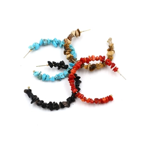 Bohemian C-shaped hoop earrings with colorful turquoise and crushed stone beads