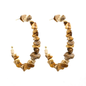 Bohemian C-shaped hoop earrings featuring earth-toned natural stone beads on gold pins