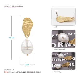 Elegant geometric gold earrings with large teardrop imitation pearls for women