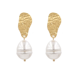 Baroque Imitation Artificial Pearl Drop Earrings Hammered Metal Texture Irregular Gold Tone Fashion Jewelry For Women