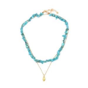 Boho Lagenhalskette Türkis Bruchstein Muschelanhänger Goldene Legierungskette Strandmode Für Damen
