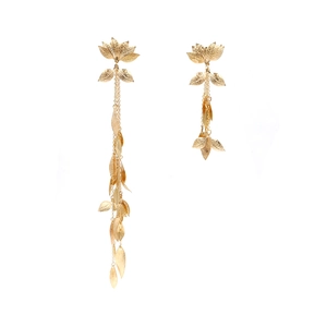 Asymmetric Earrings Gold Tone Alloy Leaf Shape Long Tassel Textured Vintage Fashion Jewelry For Women