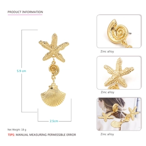 Golden sea star shell drop earrings made of zinc alloy with asymmetrical marine design