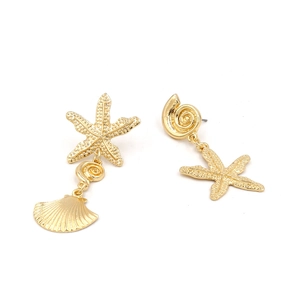 Detailed close-up of gold starfish and seashell asymmetric earrings with matte texture