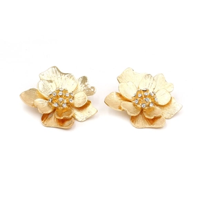 Vintage oversized gold flower stud earrings with crystals and brushed metal petals