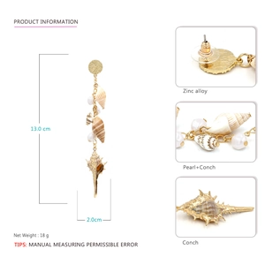 Detail showing pearl tassel and conch shell drop earrings dimensions in zinc alloy
