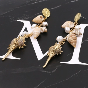 Bohemian seashell and pearl tassel long drop earrings with gold metal accents