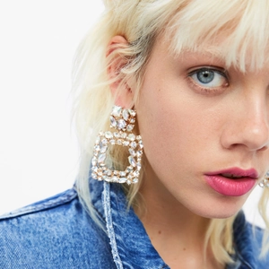Statement oversized square earrings with multicolor crystals and silver metal setting