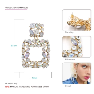 Detailed view of oversized hollow square earrings with AB crystals and zinc alloy