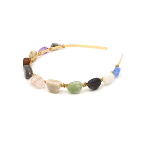 Handmade beaded headband with colorful polished gemstones and gold wire wrapping