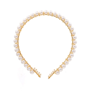 Elegant Faux Artificial Pearl Headband Gold Metal Wire Hair Hoop With Fixed Combs For Wedding Party Women Fashion Accessory