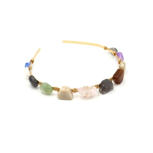 Handmade gold wire-wrapped headband with multi-color polished natural stones and crystals