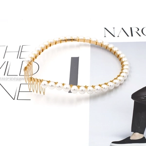Elegant gold metal hair hoop with white pearls and anti-slip combs for weddings