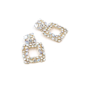 Exaggerated golden square drop earrings featuring colorful AB crystals and rhinestones