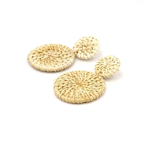 Bohemian rattan drop earrings featuring natural hand-woven double round raffia circles