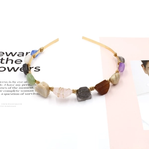 Handmade gold headband with colorful natural raw stones and bohemian wire wrapping